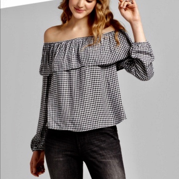 black and white checkered off the shoulder top